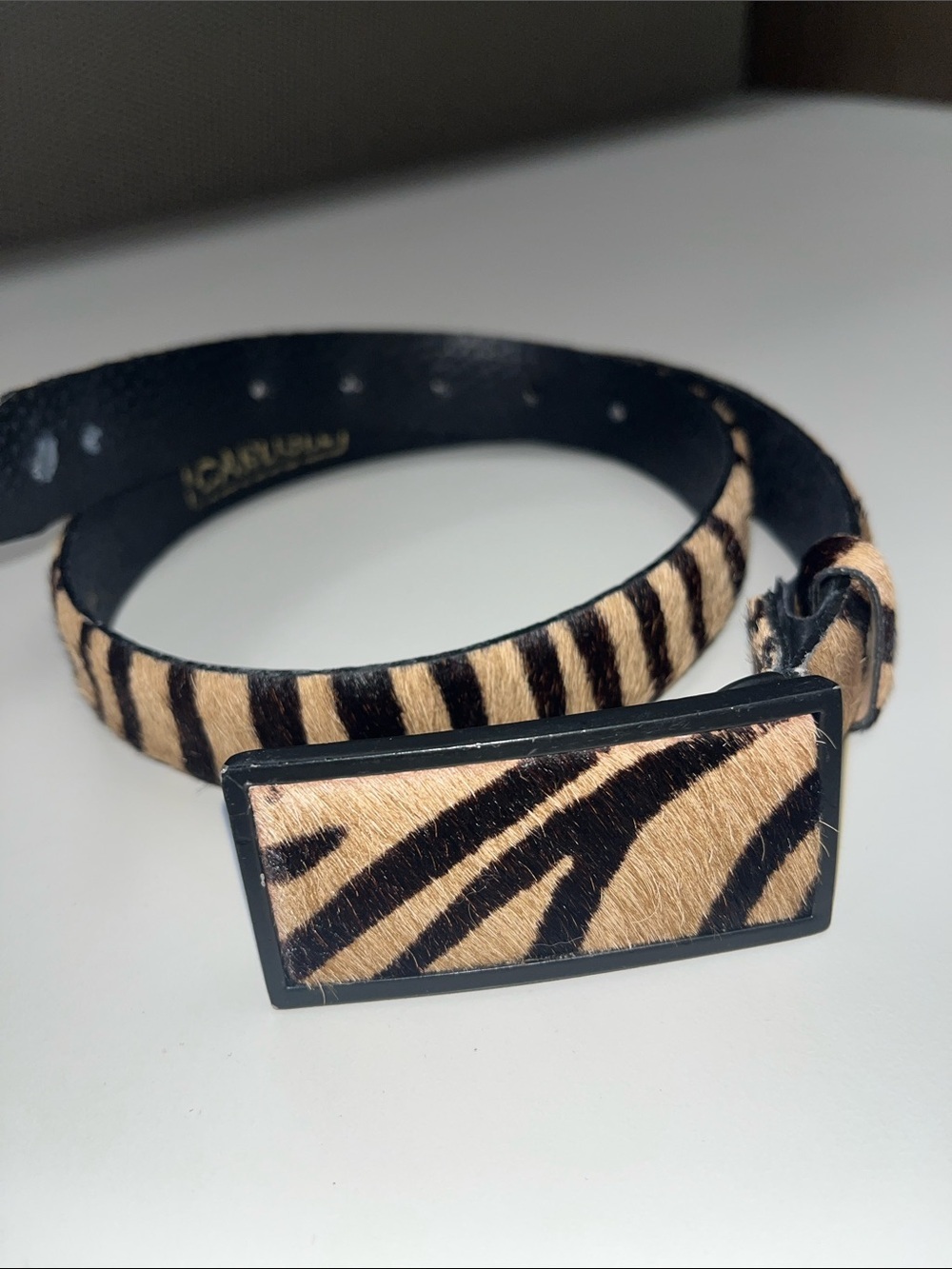 Carlisle Tan and Black Zebra-Print Haircalf Belt with Rectangular Buckle SZ SM